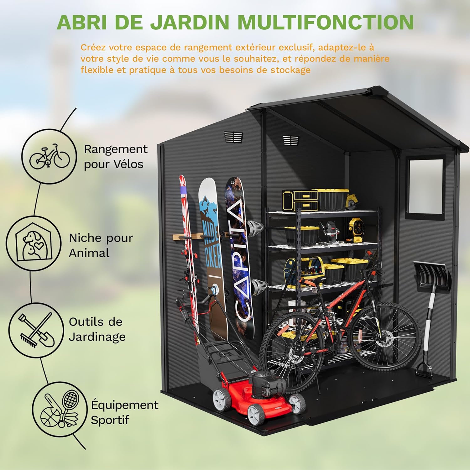 Devoko Abri de jardin extérieur en plastique avec double portes verrouillables et toit en apex – Abri de jardin pour outils de terrasse, abri pour vélo, poubelle – Résistant aux intempéries et à la