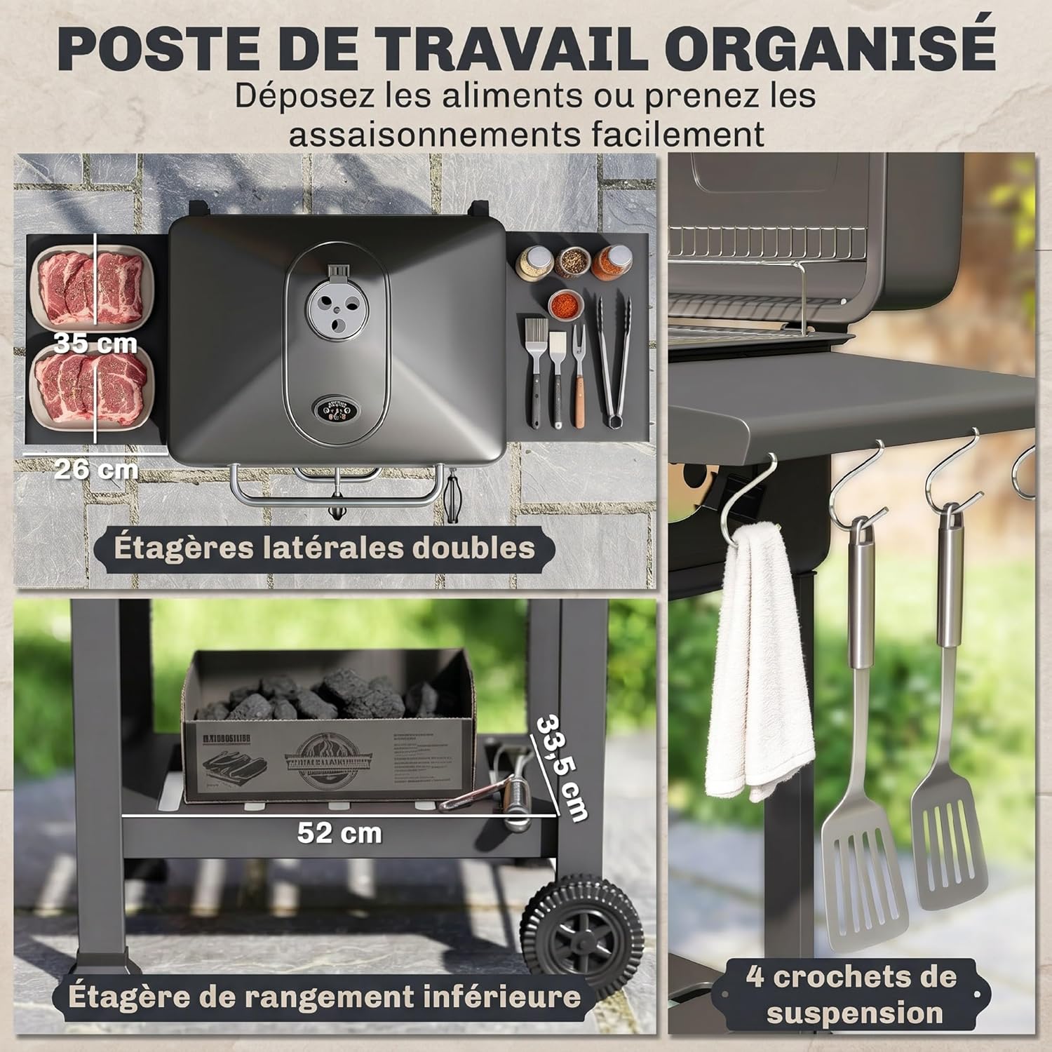 Outsunny - Barbecue XXL 112 cm - fumoir, thermomètre, chariot, couvercle