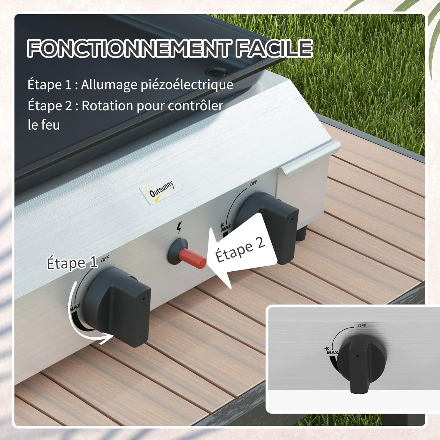 Outsunny - plancha gaz inox émaillé 2 brûleurs 40x34cm, 4,8kW