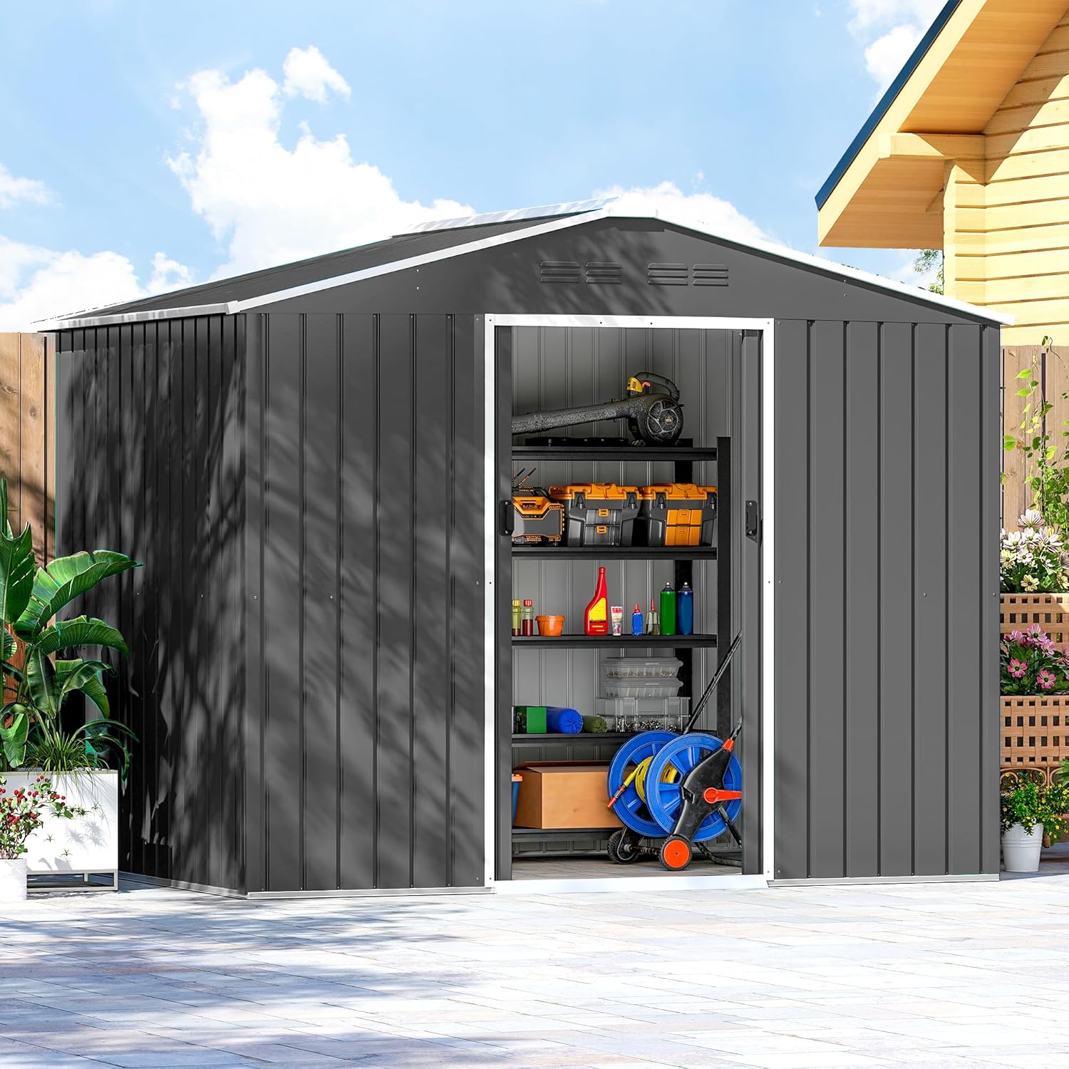 Outsunny Abri de Jardin extérieur 3,6 m², 236 x 171 x 191 cm, abri de Jardin métallique avec Portes coulissantes et Fentes d'aération, pour Le Rangement d'outils, Gris foncé