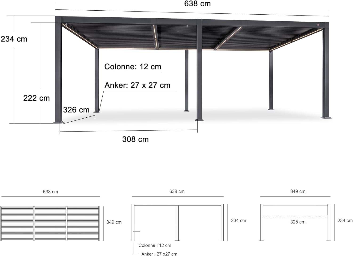 PURPLE LEAF - pergola bioclimatique - 3,5x6,35m - lames LED alu gris