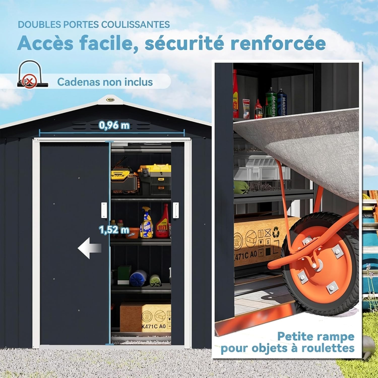 Outsunny - Abri métal avec fondation, porte coulissante, 213x130x185 cm