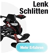 Le texte indique « Lenk » et « Schlitten » avec le bouton « Mehr Erfahren ». Équipement de sports d'hiver noir avec des accents rouges présentés sous plusieurs angles.
