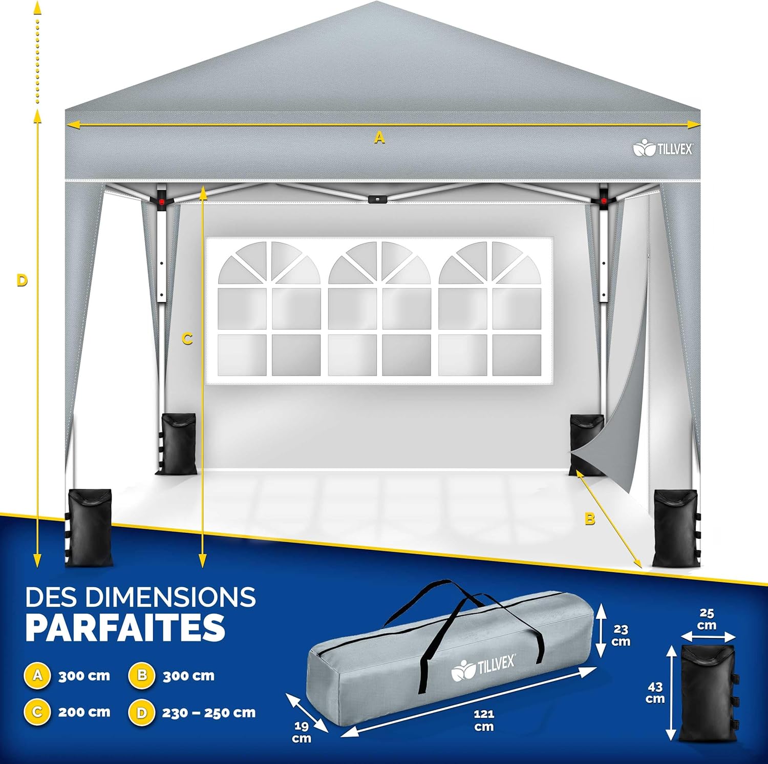 tillvex Tonnelle pliable imperméable 3 x 3 m - Pavillon de jardin Pop-up réglable en hauteur - Tonnelle de jardin protection UV 50+ avec sac - Gris - avec 2 parois