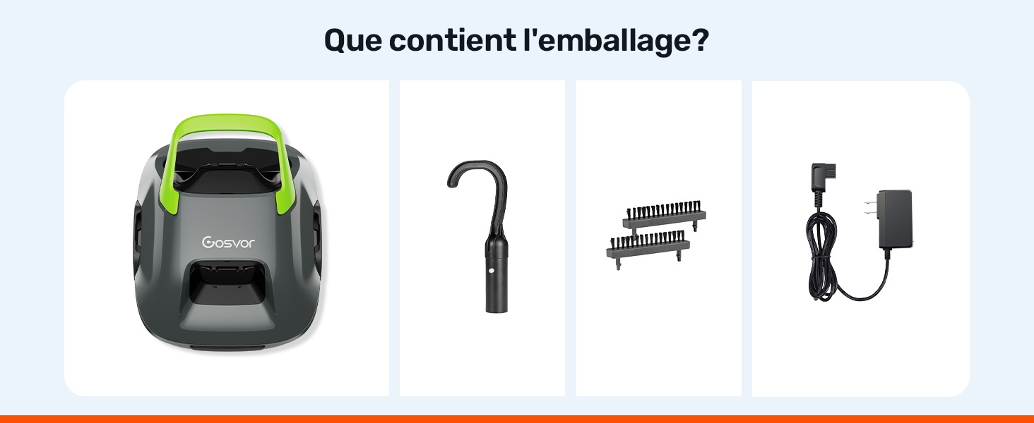 Le texte se lit comme suit : « Que contient l'emballage ? » Affichage du contenu de l'emballage du produit présentant divers composants et accessoires électroniques