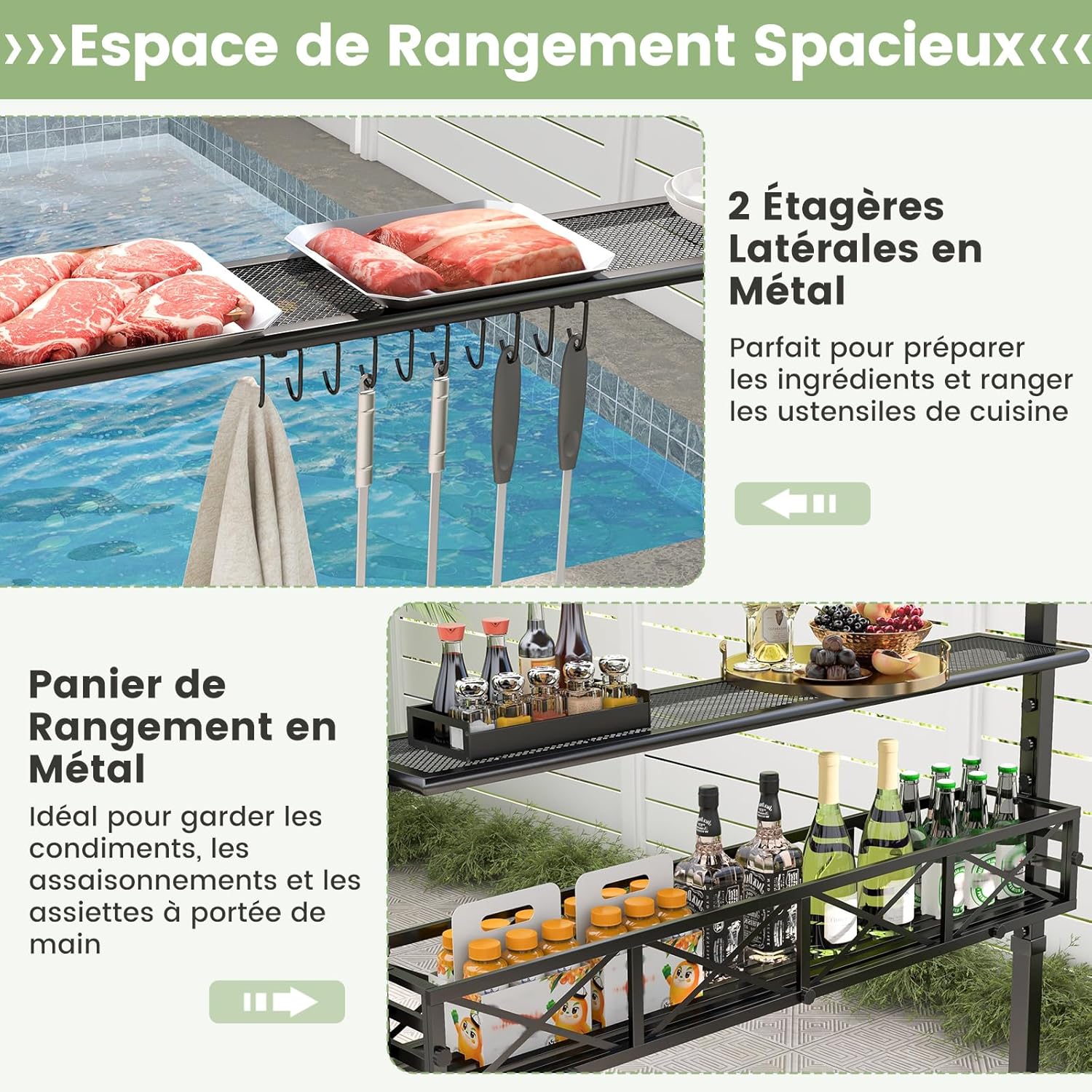 GOPLUS Tonnelle pour Barbecue, Abri Barbecue Extérieur avec Dessus à 2 Niveaux, Crochets, Décapsuleur, Abri pour Barbecue à Dessus Souple, pour Jardin, Cour(242x153x250CM|Gris Foncé)