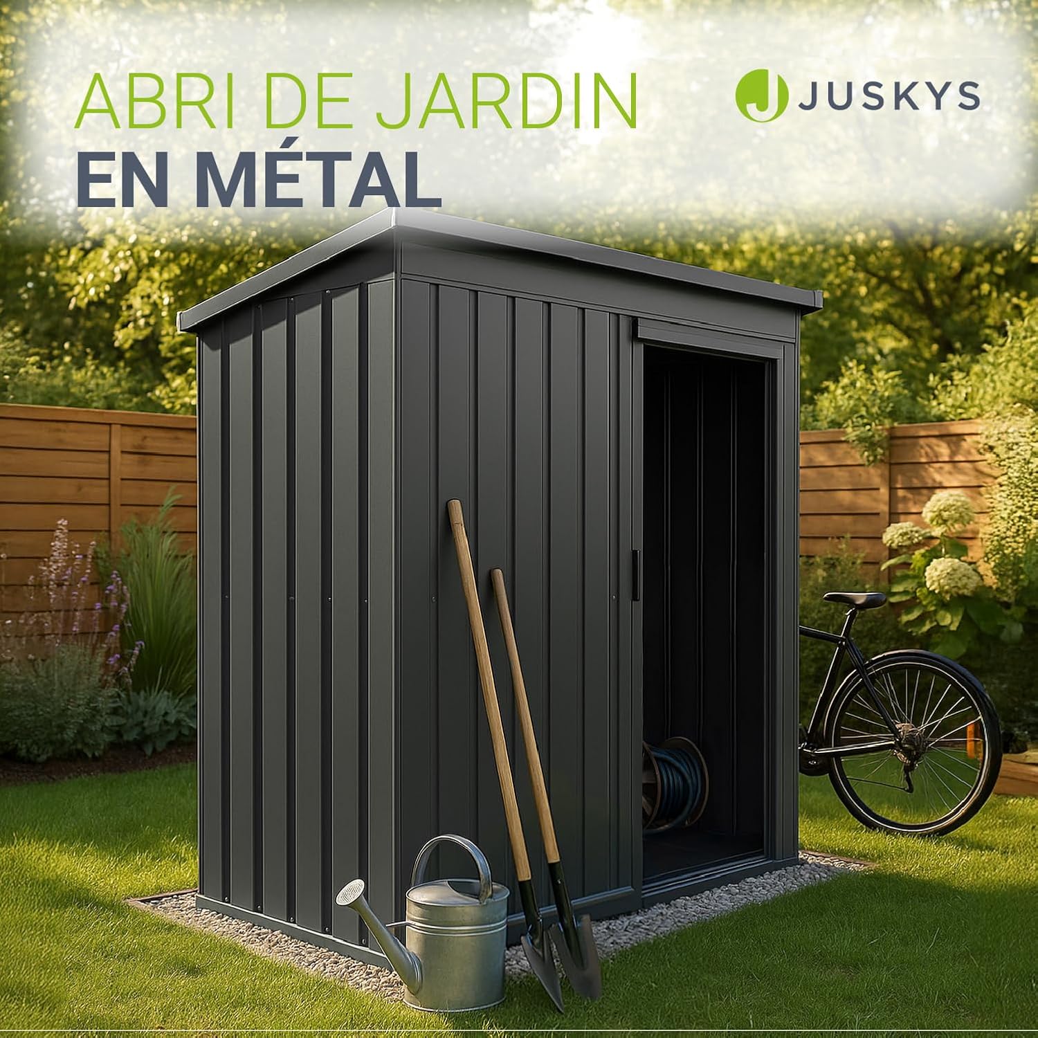 Juskys - abri métallique S - fondation, porte coulissante, verrou, gris