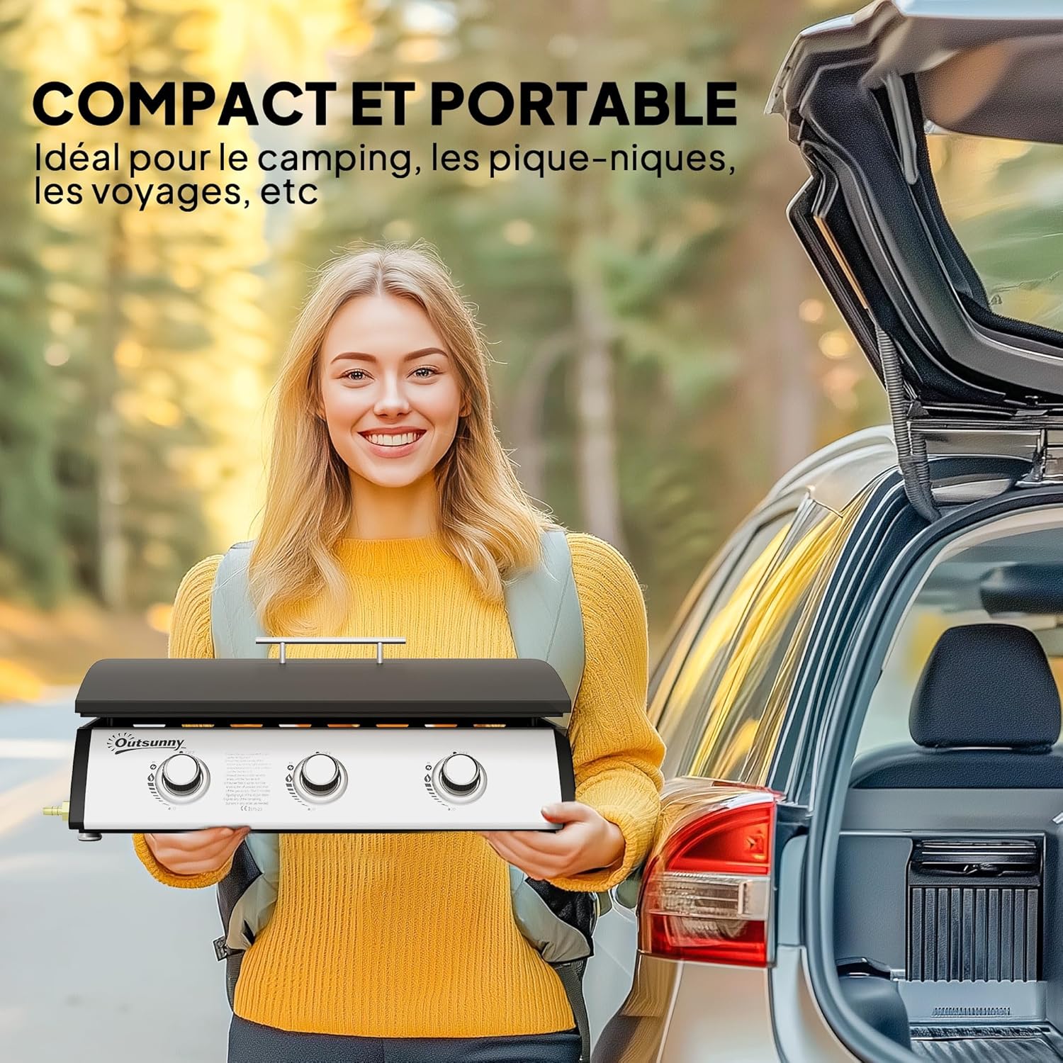 Outsunny - Plancha gaz 3 brûleurs, 61x35,5cm, couvercle, portable, 7,5kW