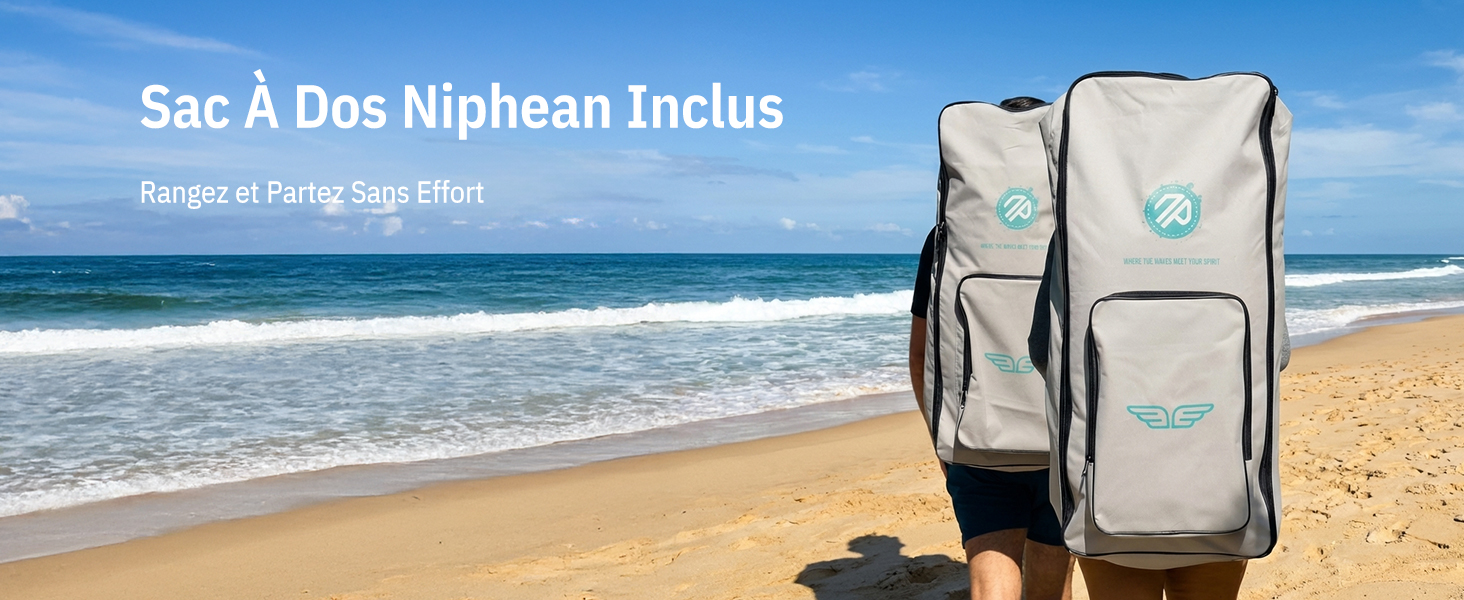 Le texte indique « Sac À Dos Niphean Inclus » « Recycle à Parfur Sao Pofort ». Deux sacs à dos de plage blancs et turquoises représentés sur fond de rivage de l'océan.