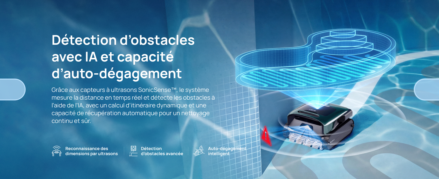 Le texte indique « Détectiles obstacles avec la et espace » sur fond technique bleu. Comprend des images numériques de circuits imprimés, des composants du véhicule rendus en 3D et une visualisation de la technologie des capteurs avec un texte descriptif en français.
