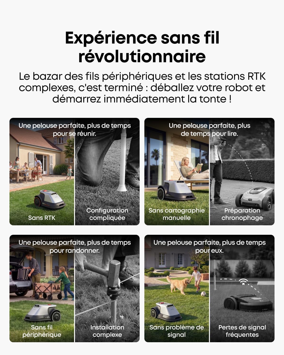 eufy - E18 - robot tondeuse, 1200m2, sans fil ni RTK, navigation intelligente, E18