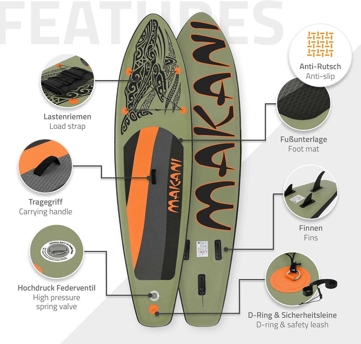 ECD Germany - Stand Up Paddle Série - 305/308/320/380 cm - PVC, 120/150 kg, épaisseur 10/15 cm, sac, pompe