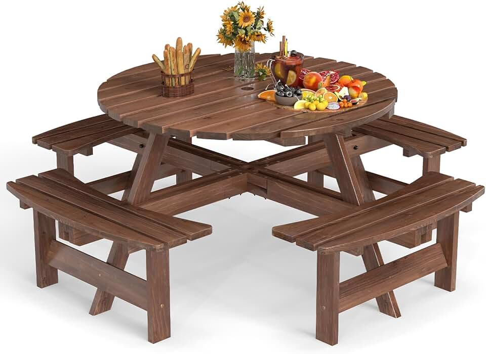 GOPLUS - Table pique-nique ronde 8 places - 4 bancs intégrés, parasol 5cm, marron, 100+250kg