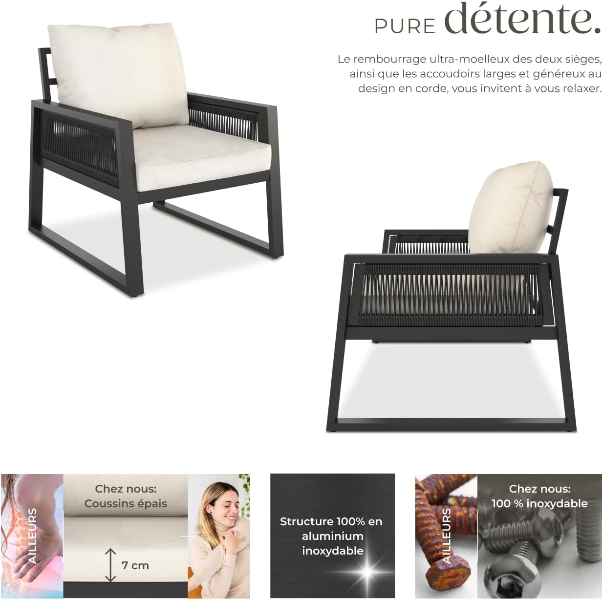 tectake - Lot fauteuils extérieur - alu époxy, coussins épais, x2, confort
