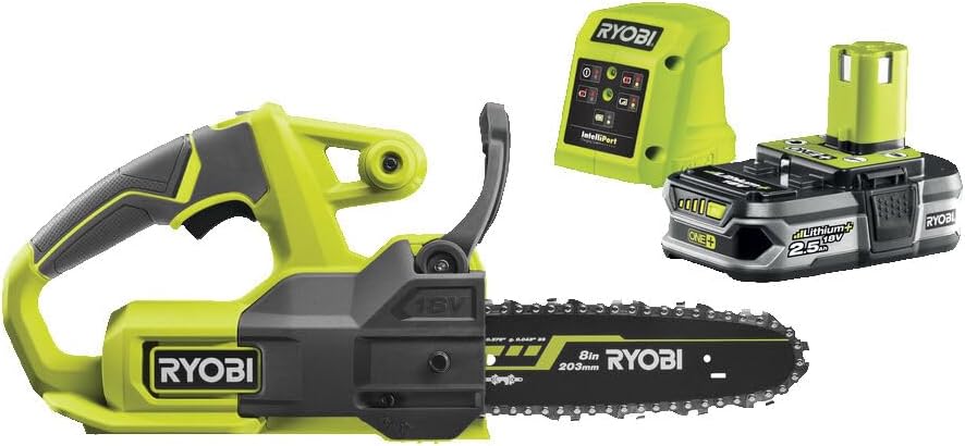 RYOBI - Tronçonneuse Sans Fil 18V ONE+ RY18CS20A-125 – Guide 20 cm, Batterie 2.5Ah + Chargeur, Lubrification Auto, Démarrage Instantané – Coupe Bois, Bûches, Branches, Entretien Jardin