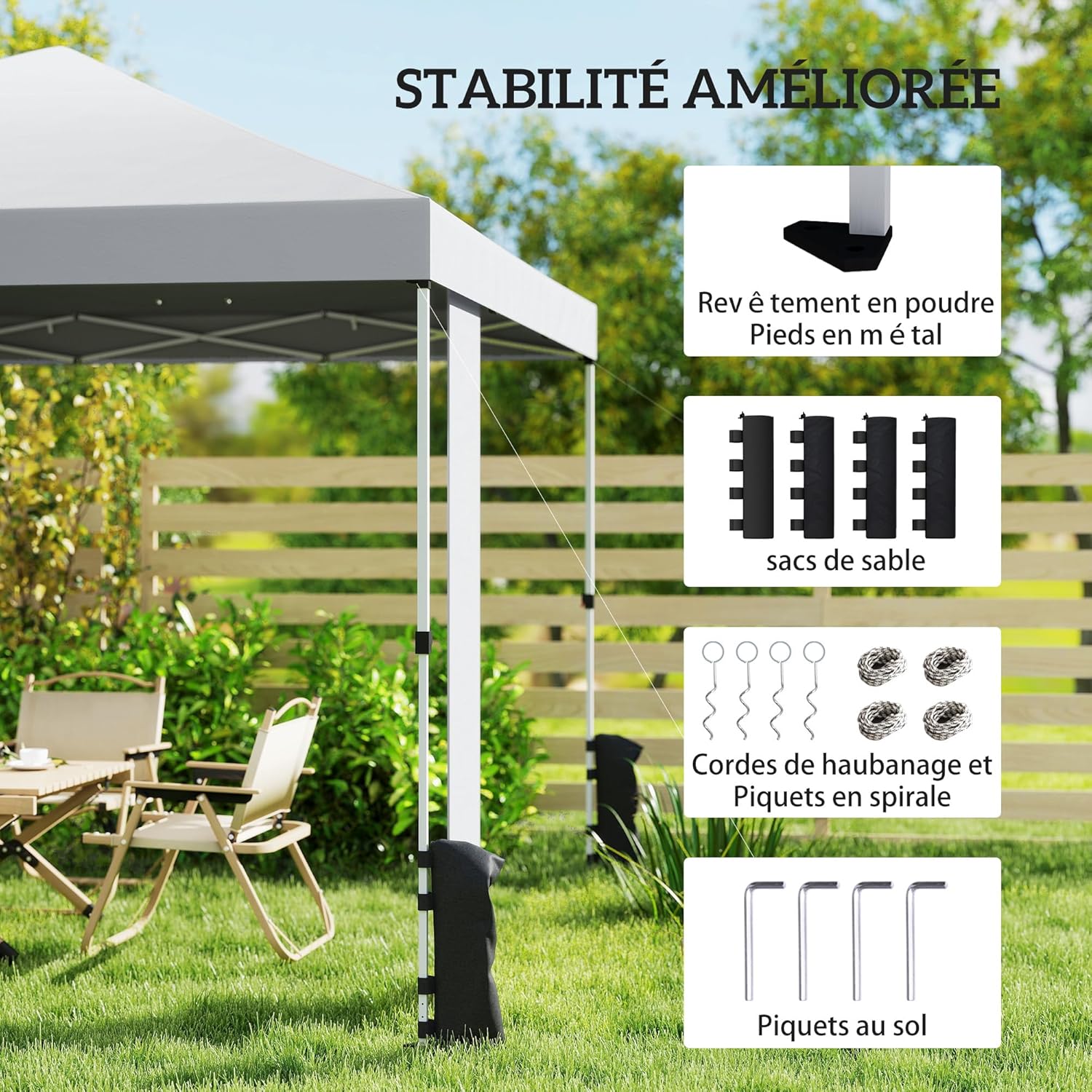 Outsunny Tonnelle de Jardin 3 x 3 m Pop up Tente Pliante Hauteur réglable Protection UV50+ tonnelle Pliante avec 5 Poches 4 Sacs de Sable Sac de Transport à roulettes Montage Facile à 1 Bouton Blanc