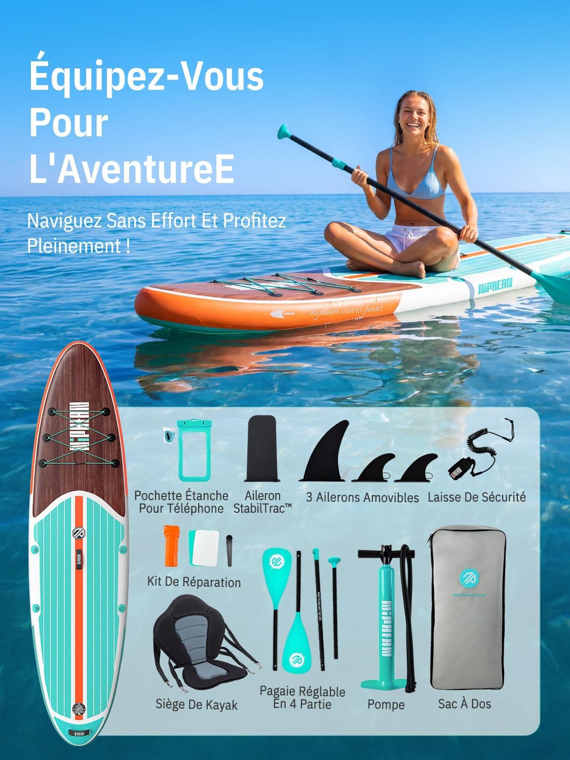 Niphean Paddle Gonflable Adulte avec Tous Les Accessoires, 320cm Planches de Stand Up Paddle Gonflables pour Tous Les Niveaux, Sup avec Capacité 200 kg pour 2 Personnes, Paddle Gonflable avec Siège