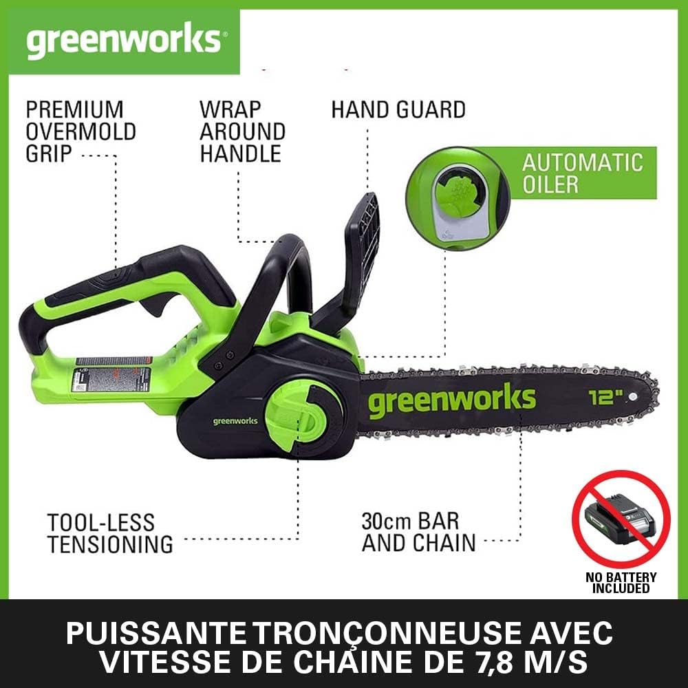 Greenworks GD24CS30 Tronçonneuse à Batterie avec Moteur Sans Balais, Longueur Guide-Chaîne 30cm, Vitesse Chaîne 7,8m/s, Graisseur Automatique, Anti-rebond SANS Batterie 24V Ni Chargeur, Garantie 3 Ans