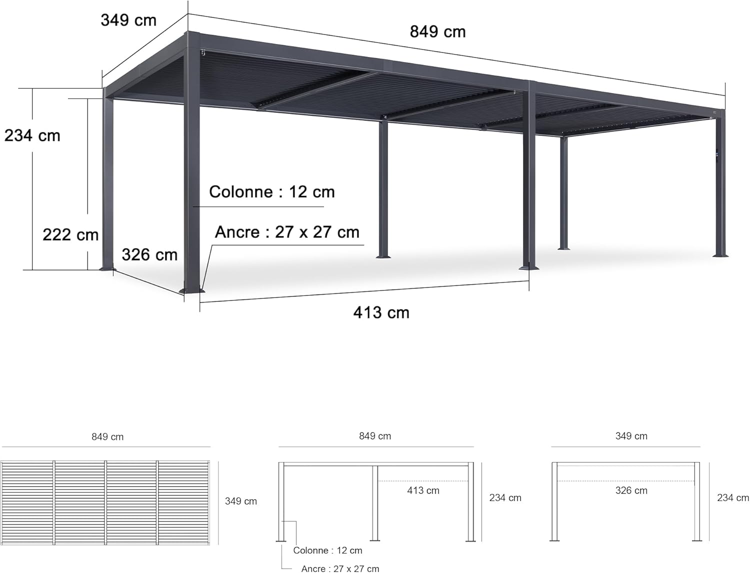 PURPLE LEAF - Pergola bioclimatique - 3,5x8,5m - aluminium, lames LED, étanche