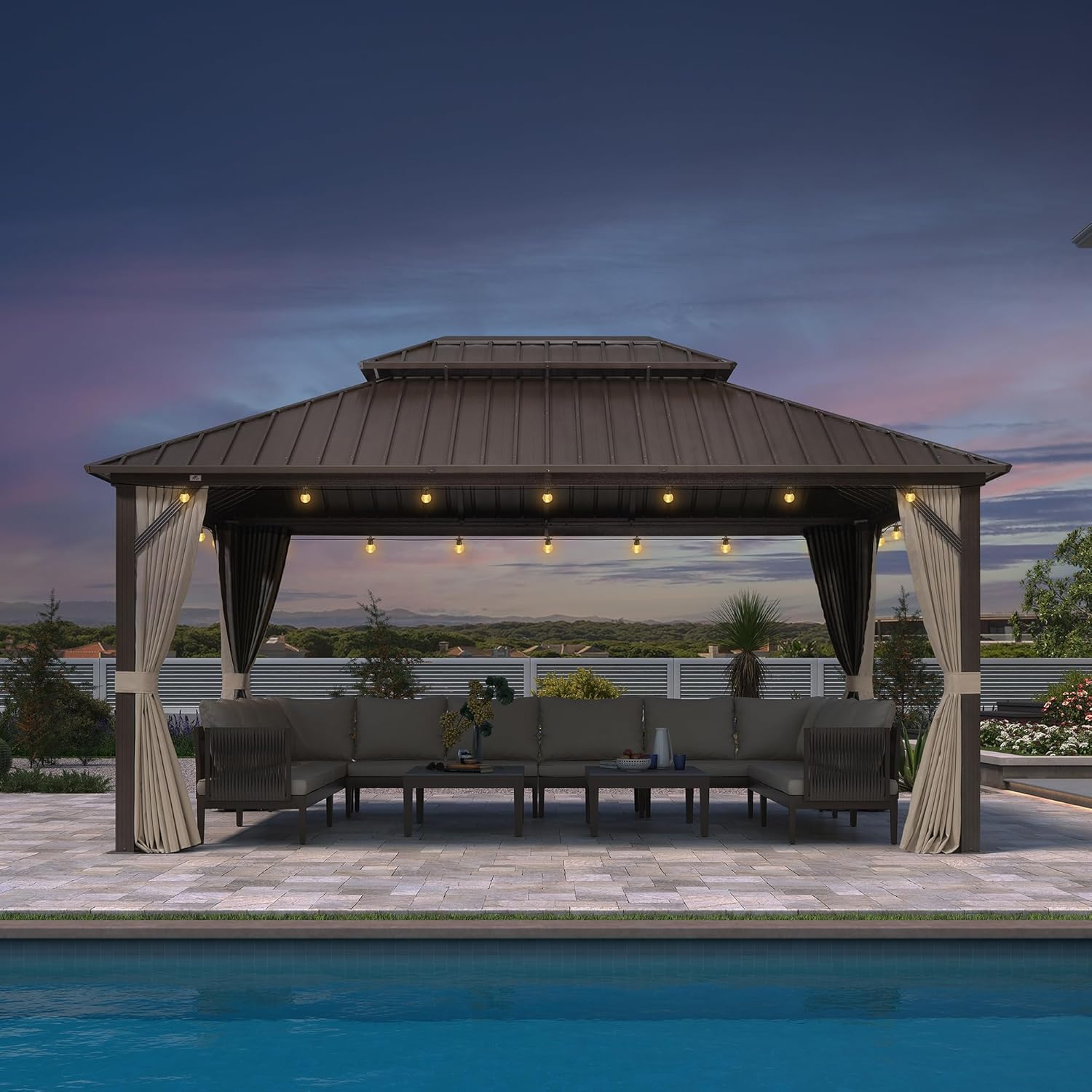 PURPLE LEAF - Pergola Toit Rigide - 4,85x3,65m - Aluminium, Rideaux, Guirlande
