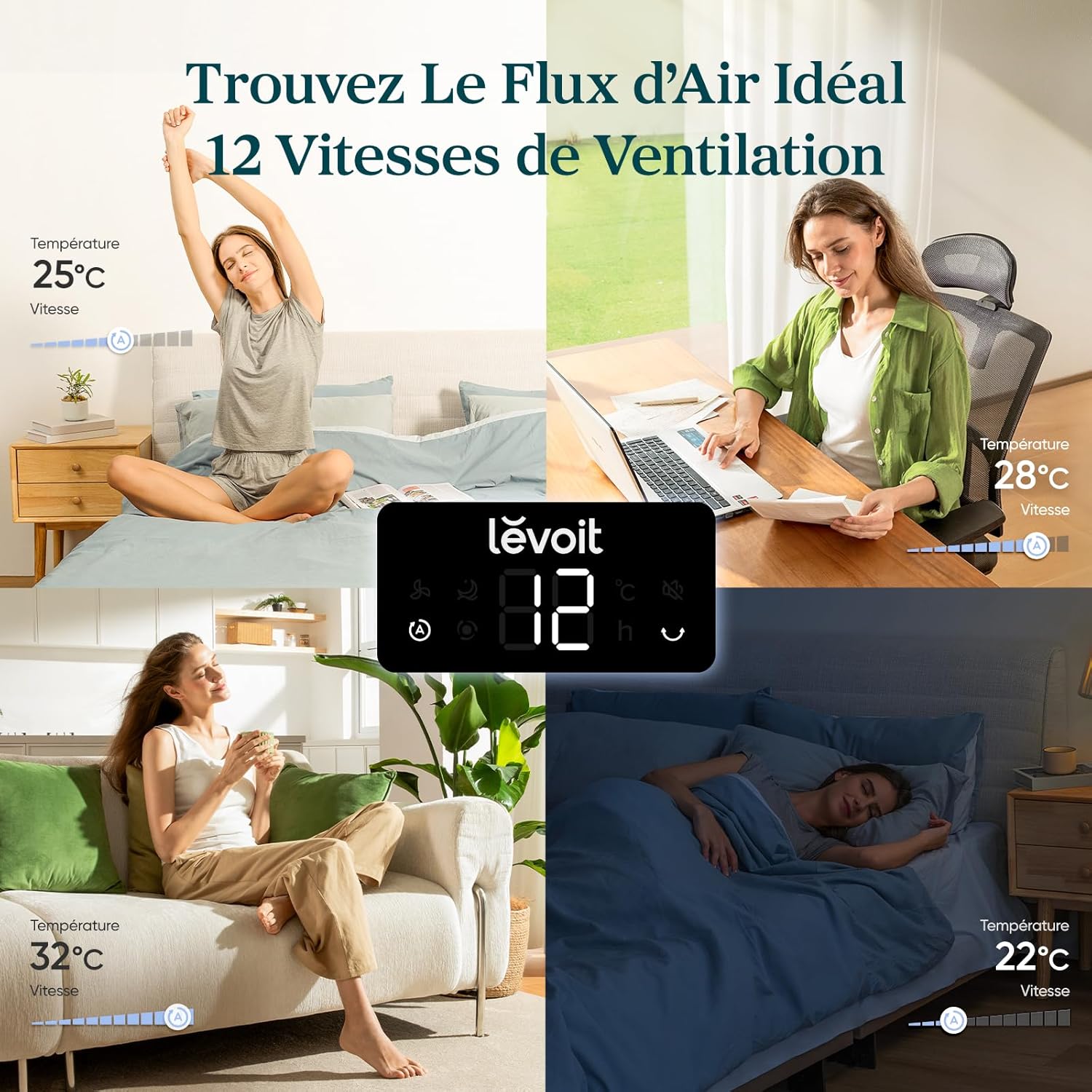 Levoit Ventilateur Colonne Silencieux 20 dB, Moteur DC, Refroidissement Puissant 7.9 m/s, 4 Modes 12 Vitesses, Mode Sommeil Avancé, Oscillation 90°, Télécommande, Minuterie 12 h, Noir, 92 cm