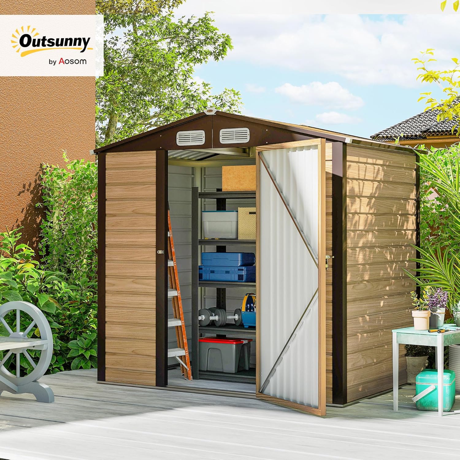 Outsunny Abri de Jardin en métal 2,27 m², Structure en Acier galvanisé améliorée, abri à Outils extérieur, toiture 2 pans avec aérations, Gants et Cadenas Inclus, 190x131x188cm, chêne