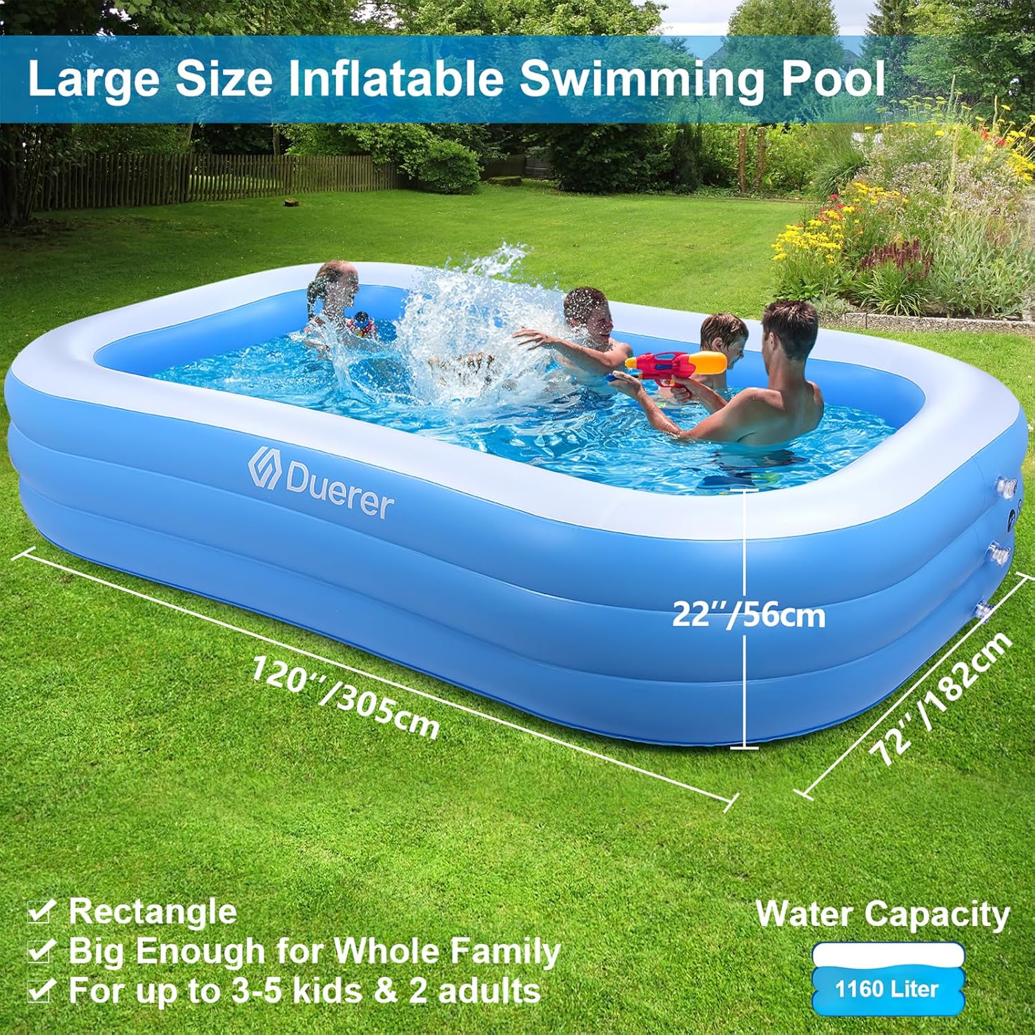 Duerer - Piscine Gonflable Rectangulaire - 305x182x56cm - Familiale bleu, été, extérieur