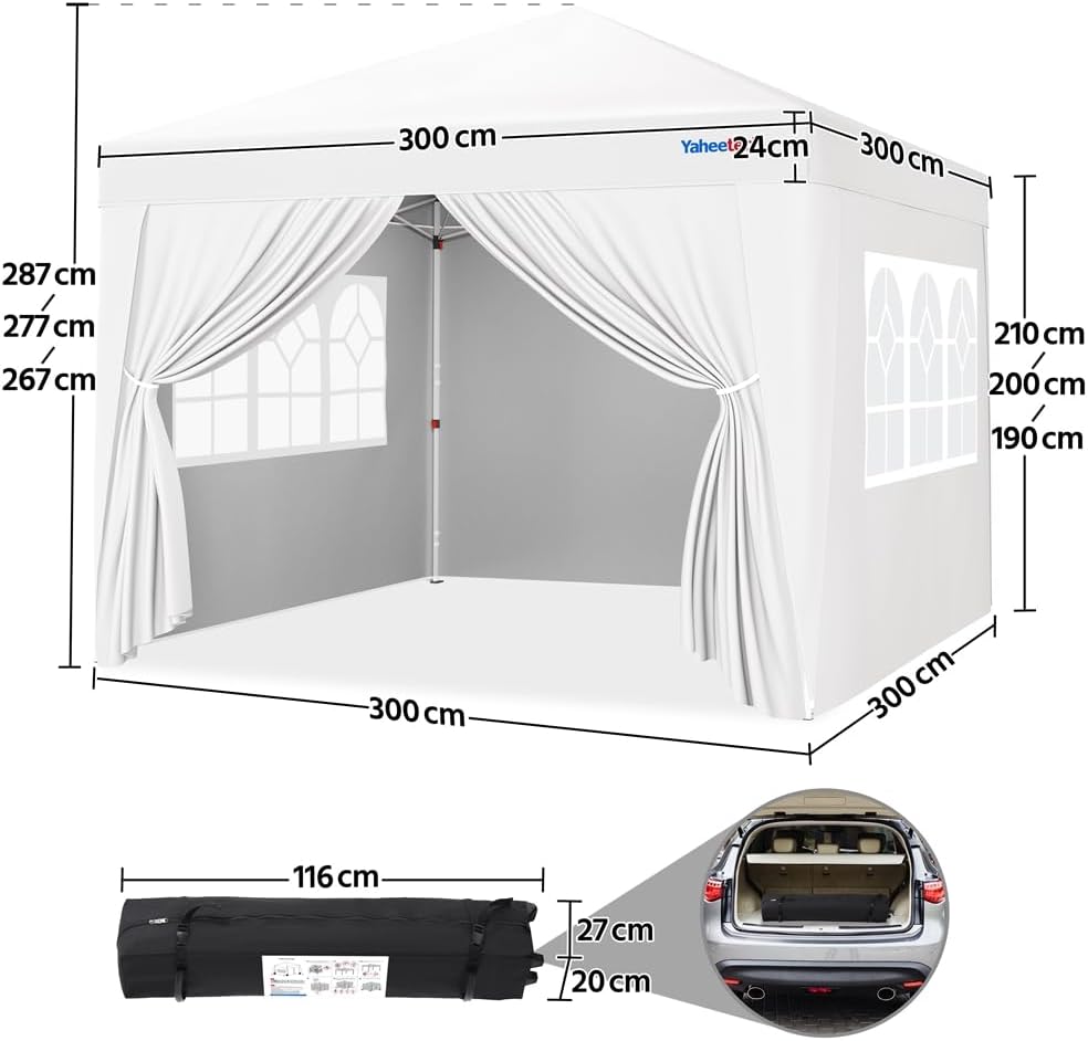 Yaheetech - tonnelle jardin série pliante - 3x3m - 4 parois, blanc
