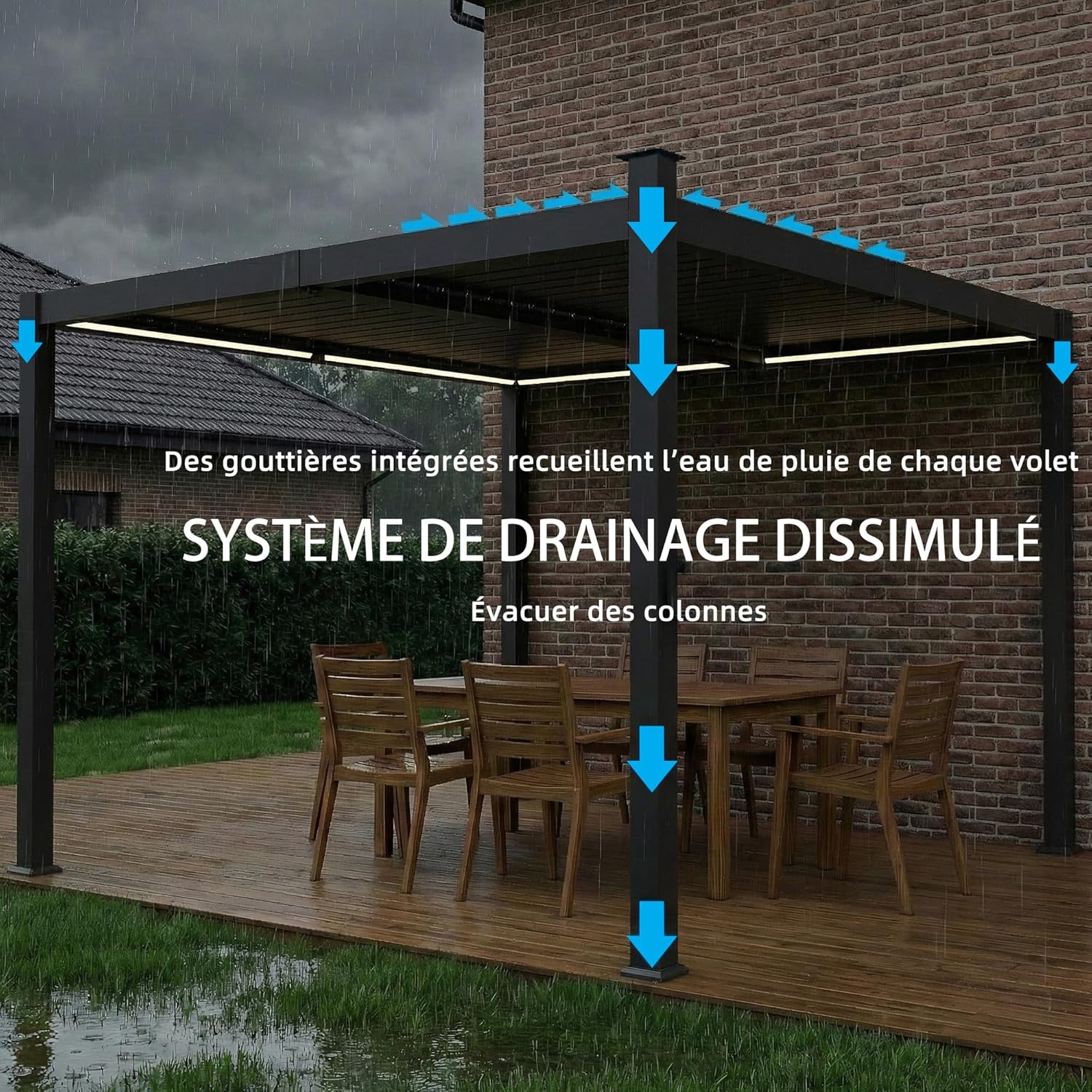 Outsunny - Pergola bioclimatique 3x3m - LED solaires, lames orientables, toit métal, gouttières