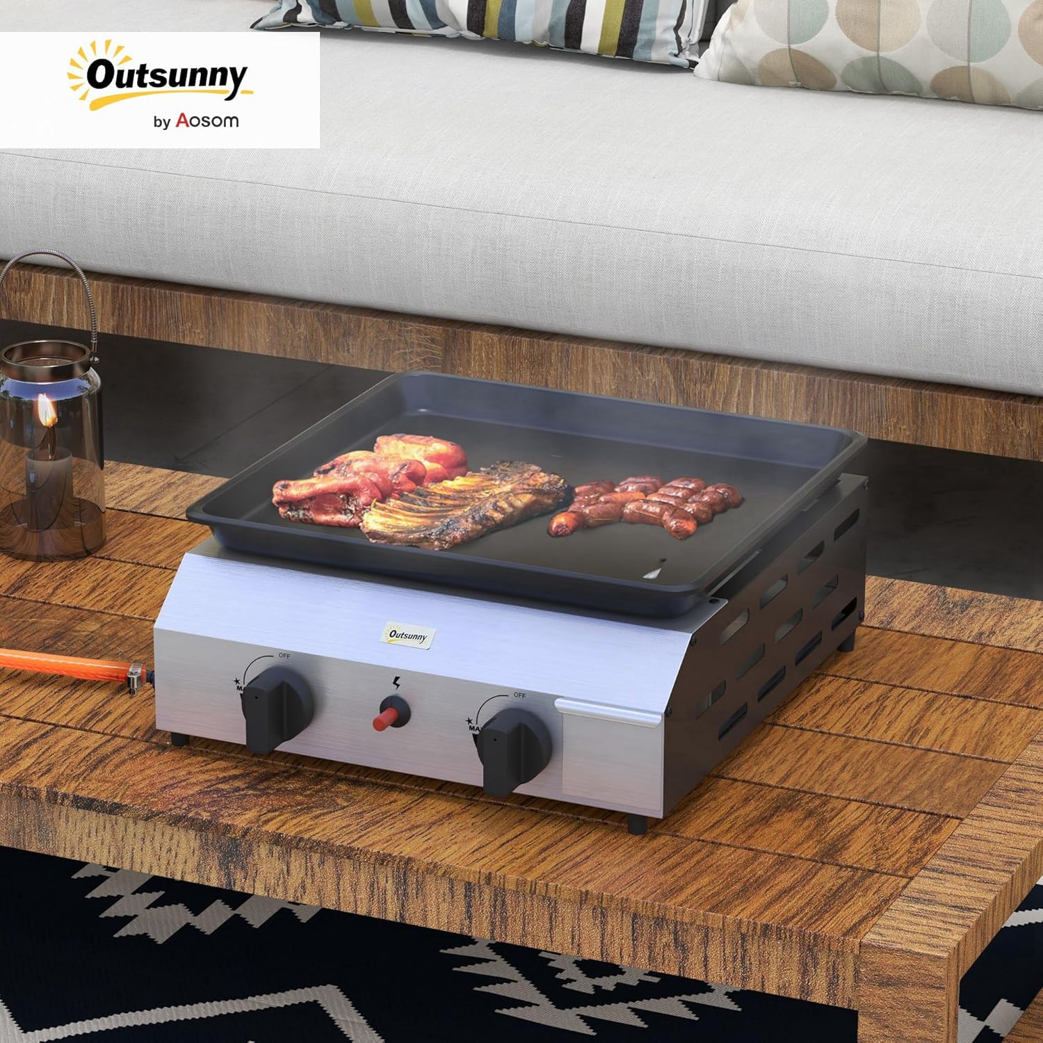 Outsunny - plancha gaz inox émaillé 2 brûleurs 40x34cm, 4,8kW