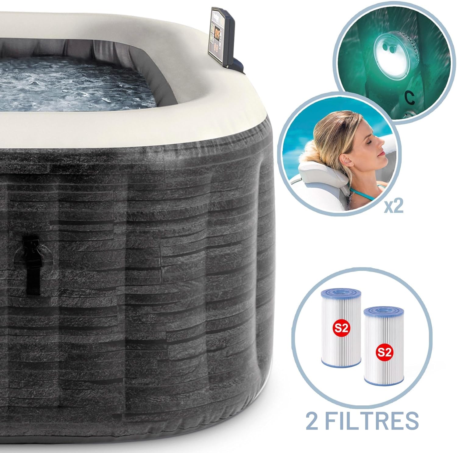 Intex - Greystone Deluxe - 175x175x71 cm - Spa 4 places, chauffage 2200W, bulles, chlorateur, filtre S2, 55093