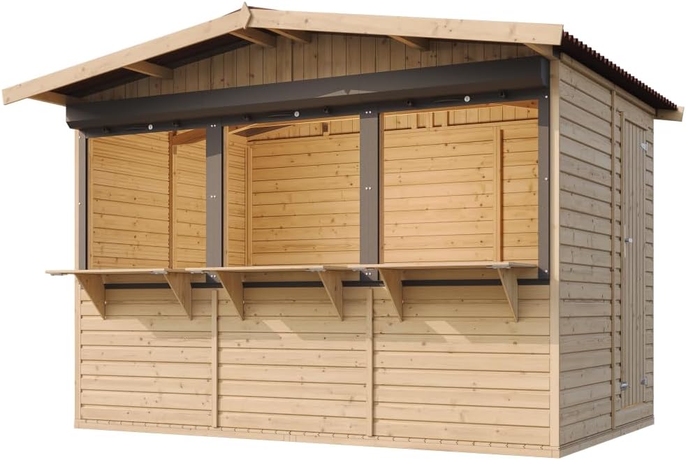 TIMBELA Abri de Jardin en Bois M150AZ – Kiosque Bois - Stand Marché avec 3 Fenêtres + Volets roulants, L336xP263xH232 cm / 6 m², Facile à Monter et à Démonter, Bar Jardin