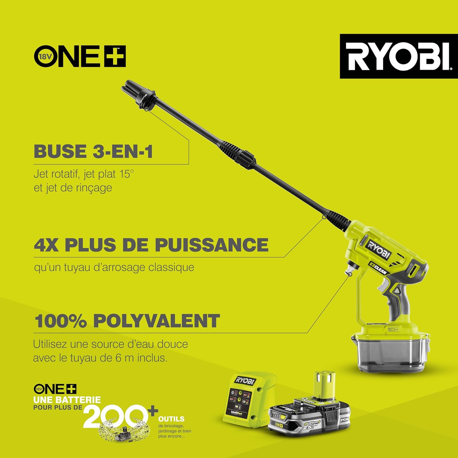 Ryobi - pistolet haute pression 18V One+, 22 bar, léger, 2.5Ah, RY18PW22A-125