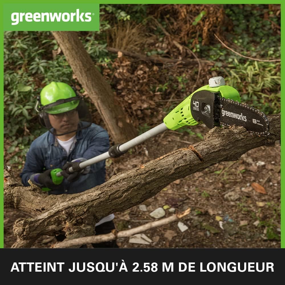 Greenworks G40PSF Élagueuse sur perche, Longueur des barres 8-Pouces (20 cm), Vitesse 8 m/s, 3,64 kg, Graisseur Automatique, Portée 2.58 m SANS Batterie 40V Ni Chargeur, Garantie 3 Ans
