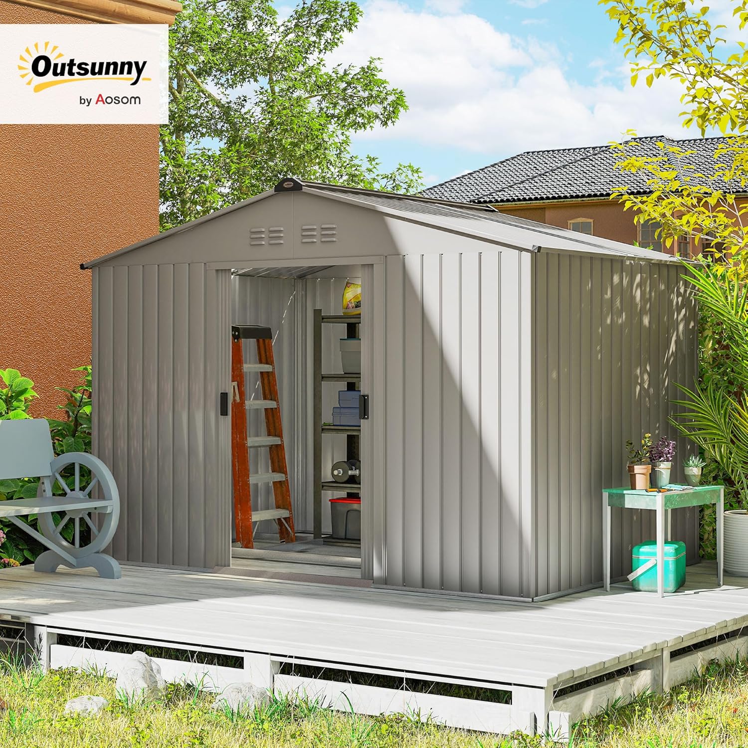 Outsunny Abri de Jardin en Acier galvanisé XXL 5,4 m² avec kit de Fondation 277x195x192cm, cabane de Jardin Toit en Fibre de Verre, cabanon Rangement Outils Portes coulissantes 4 aérations Gris