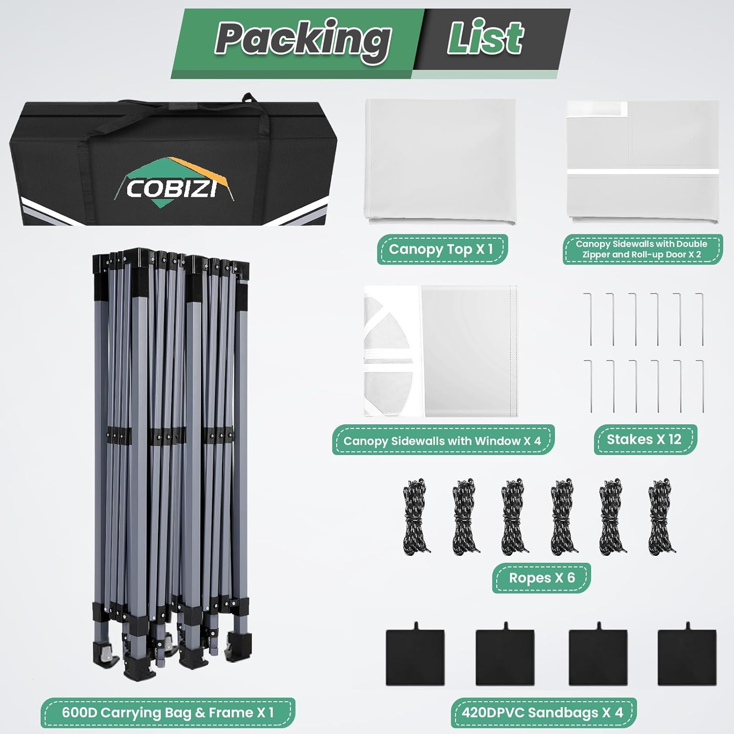 COBIZI - Barnum pliant série Jardin - 3x6m - Imperméable, anti-UV, 6 parois, sac transport
