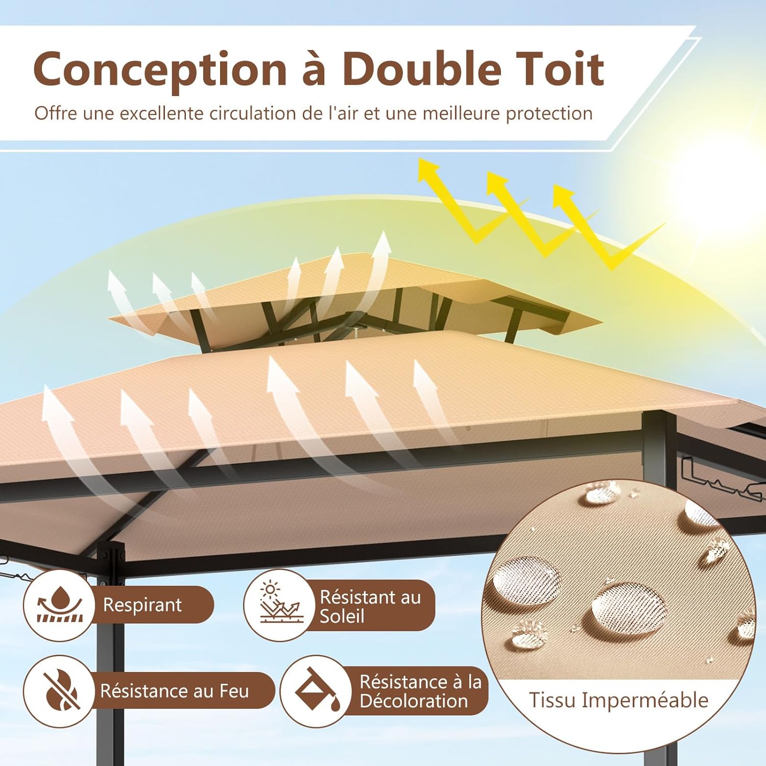 COSTWAY - Tonnelle barbecue avec tabourets, 194x121x242 cm, métal et verre