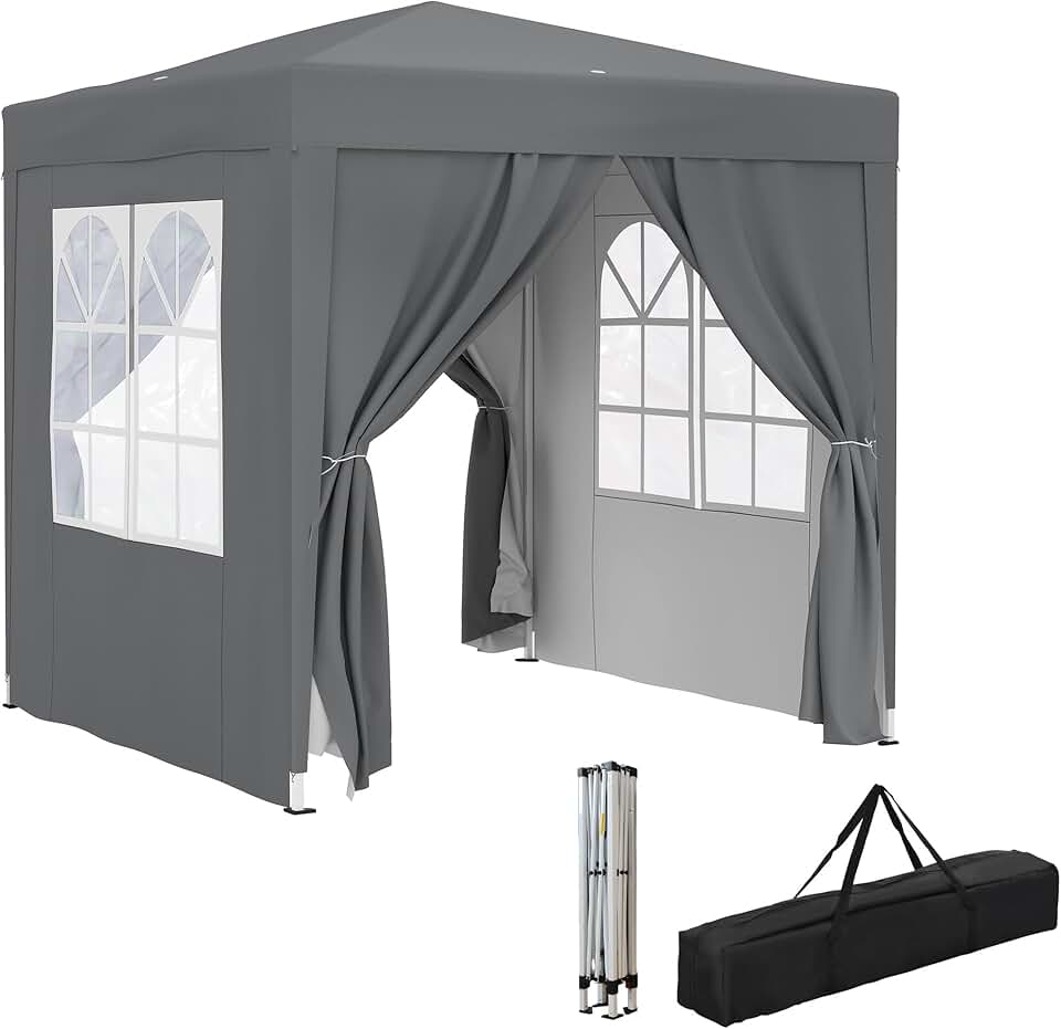 Outsunny Tonnelle de Jardin extérieure 2 x 2 m, tonnelle Pliante Pop-up, réglable en Hauteur, Protection UV, Cadre en Acier, 4 côtés Amovibles, pour Camping, Festival, Plage, Sac de Transport, Gris