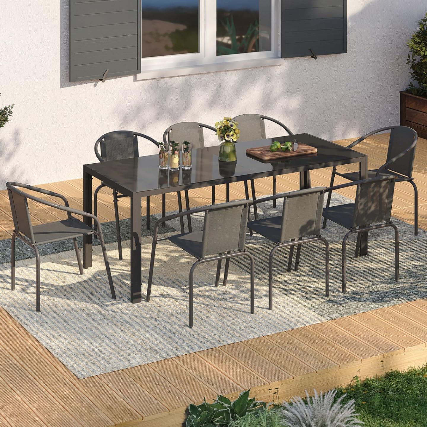 IDMarket - Salon Thelma - table 190 cm + 8 chaises empilables - gris anthracite