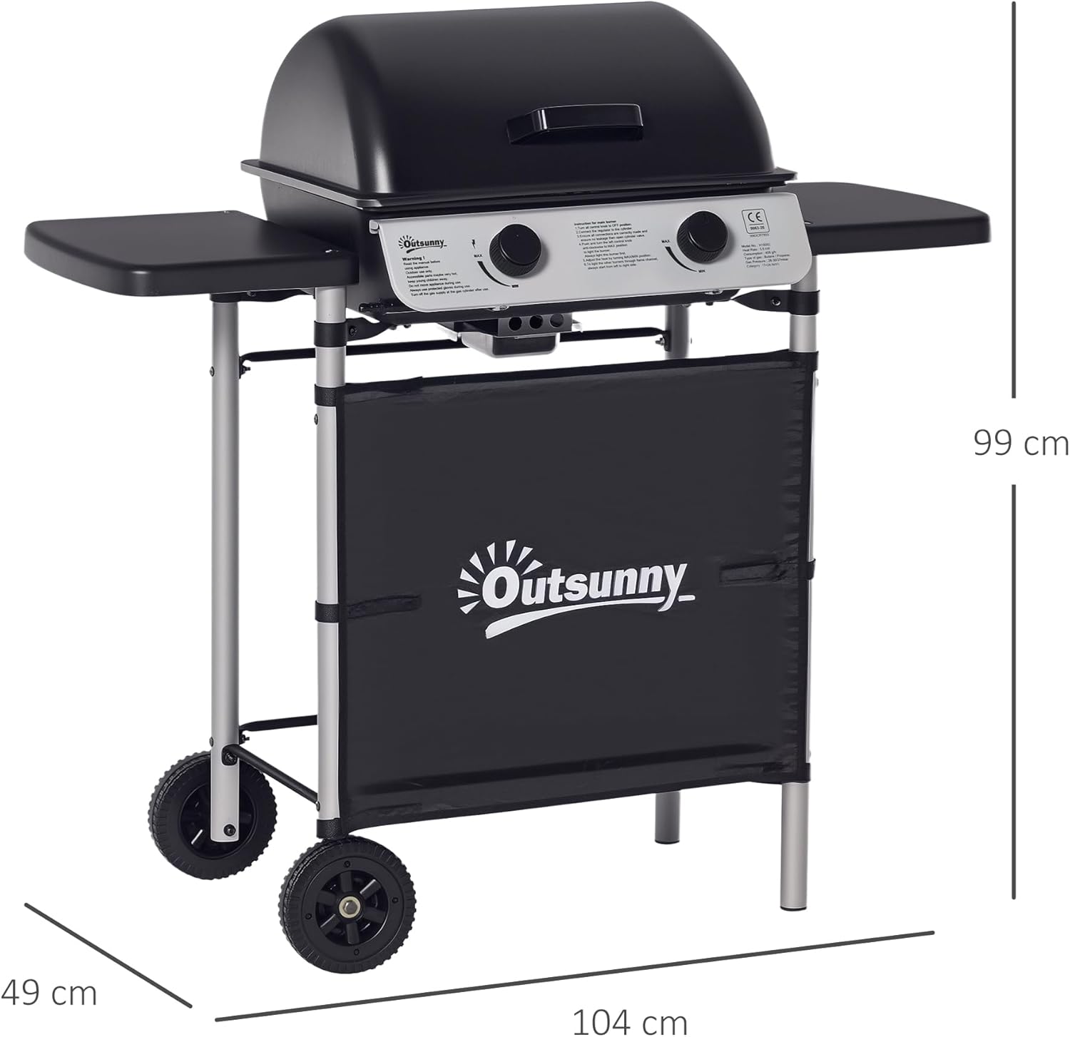Outsunny - Barbecue gaz 2 brûleurs inox, 2 grilles, 2,8kW, 2 étagères, 2 roues, noir