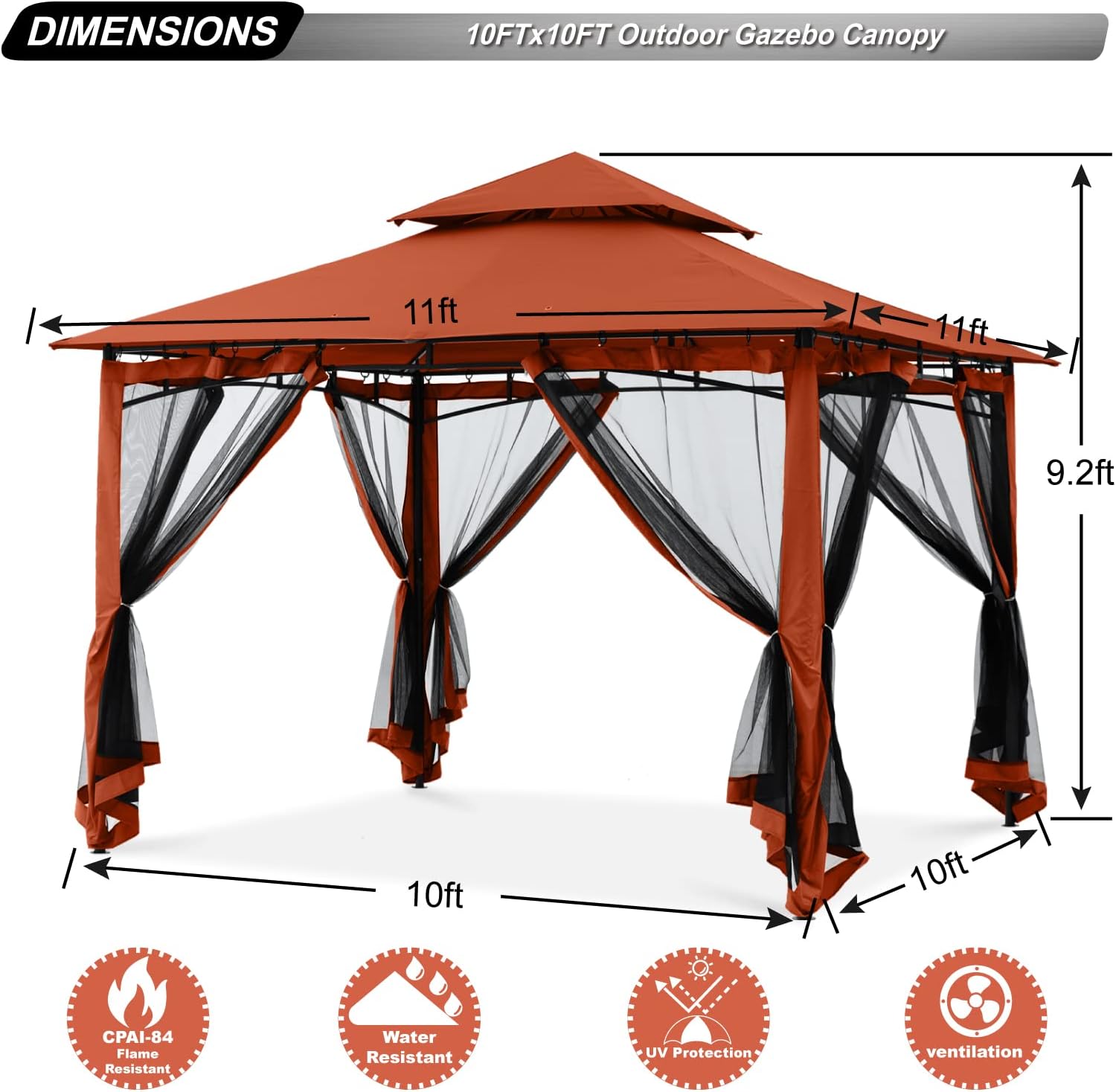 ABCCANOPY - tonnelle jardin double toit 3,35x3,35m, filet ombre, rouge