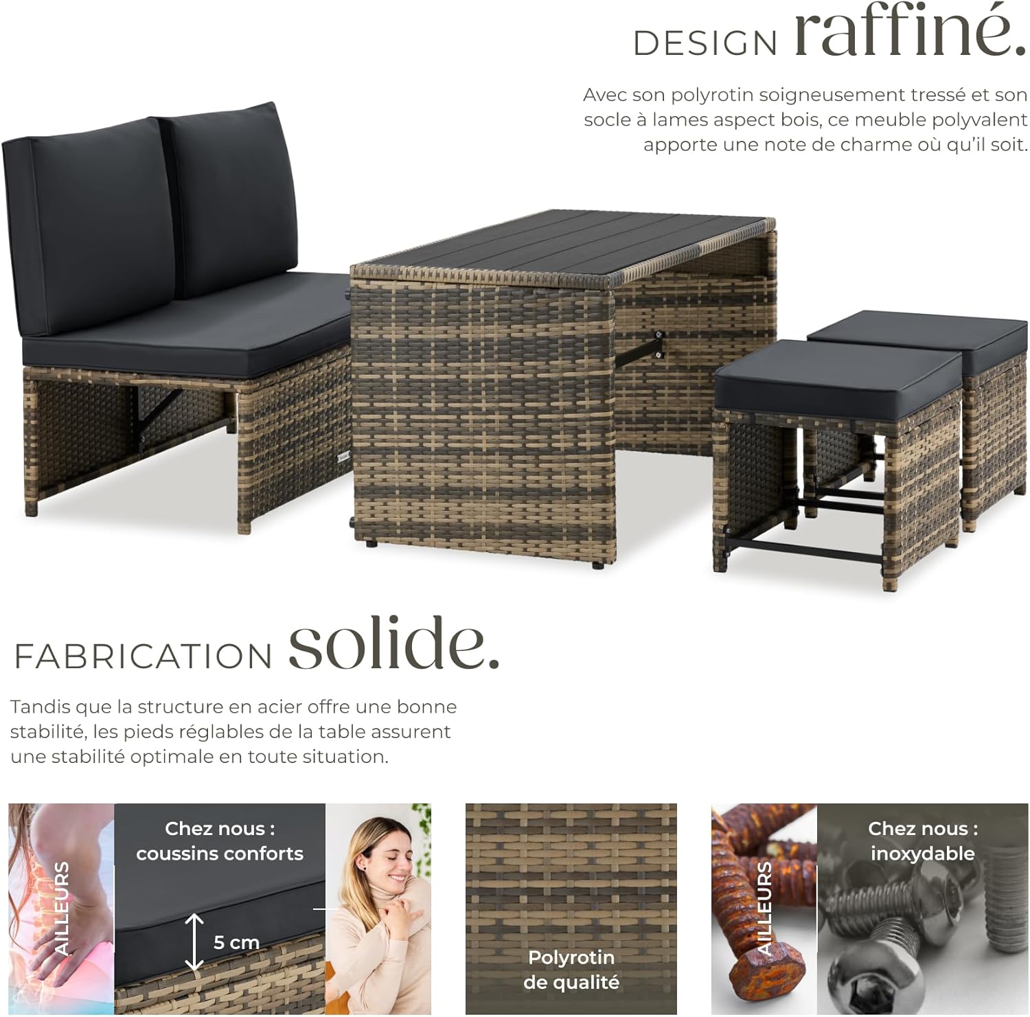 tectake - Salon de jardin modulable 2en1 4 places - canape exterieur, encastrable, table et chaises