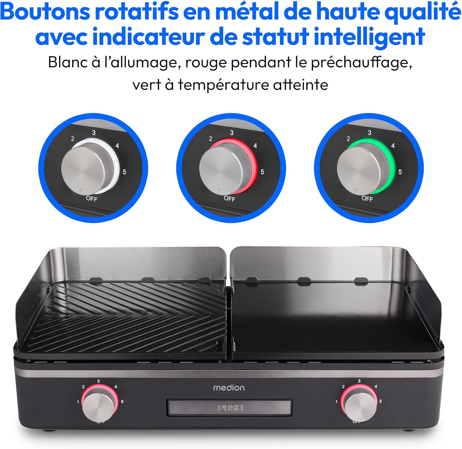Medion - gril de table double zone - 2 plaques amovibles, 2400W, IPX4, MD12027