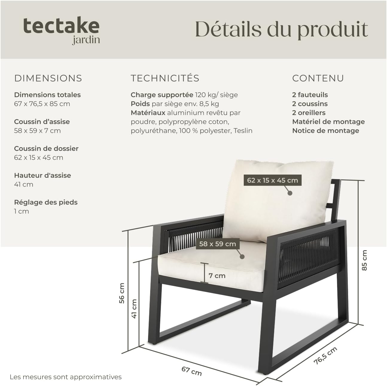 tectake - Lot fauteuils extérieur - alu époxy, coussins épais, x2, confort