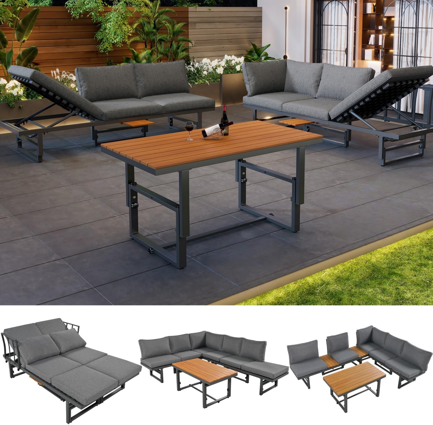 Sapgaks - Ensemble de jardin 6 places, fer, acacia, dossier réglable, table modulable, gris
