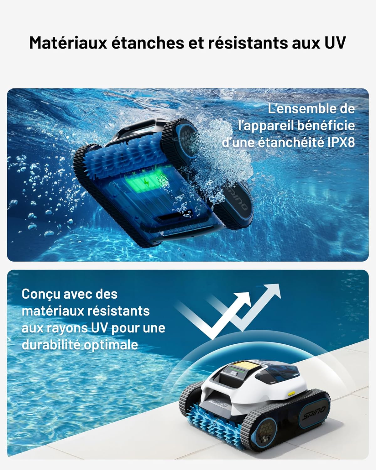SPINO E1 Robot Piscine Fond et Parois, Ligne d'eau, Autonomie de 210 Min, Aspiration Puissante 21950 LPH Max, 5 Modes, Navigation Trajet SmartArc, App, Piscines 150㎡, 1 Panier Filtrant Inclus