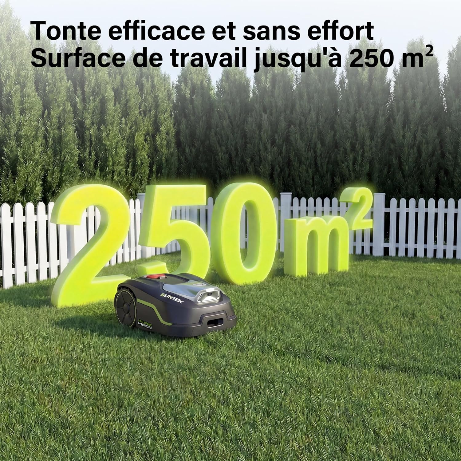 SUNTEK - Robot Tondeuse IA Vision - 250m² - Caméra, pente 35°, IPX5, cartographie, APP