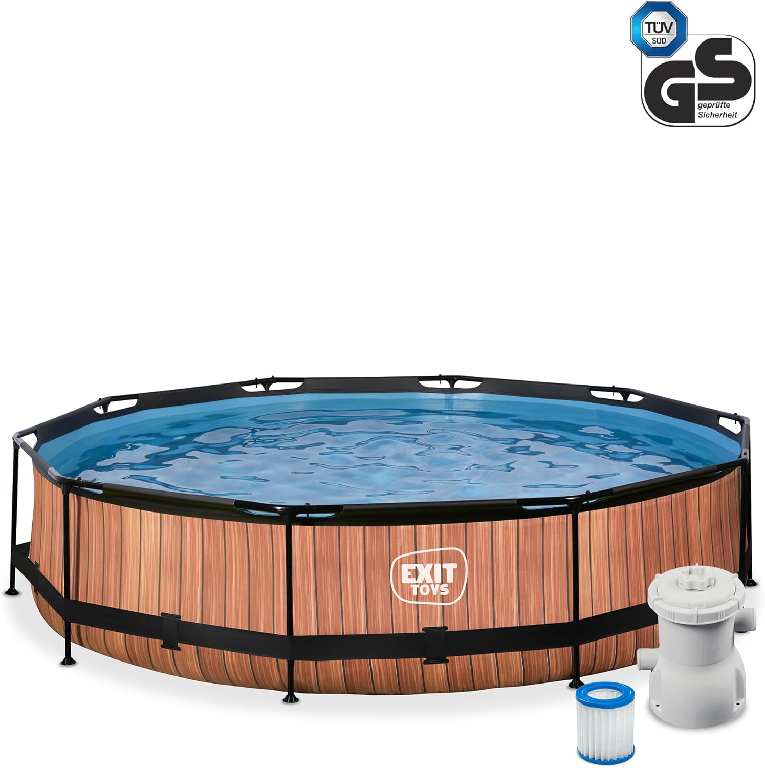 EXIT TOYS Piscine Tubulaire Wood - ø360x76cm - Piscine Hors Sol Ronde Grande avec Pompe Filtrante à Cartouche - Entrée Basse - Idéal pour Les Jeunes Enfants - Cadre Stable - Design Unique - Marron