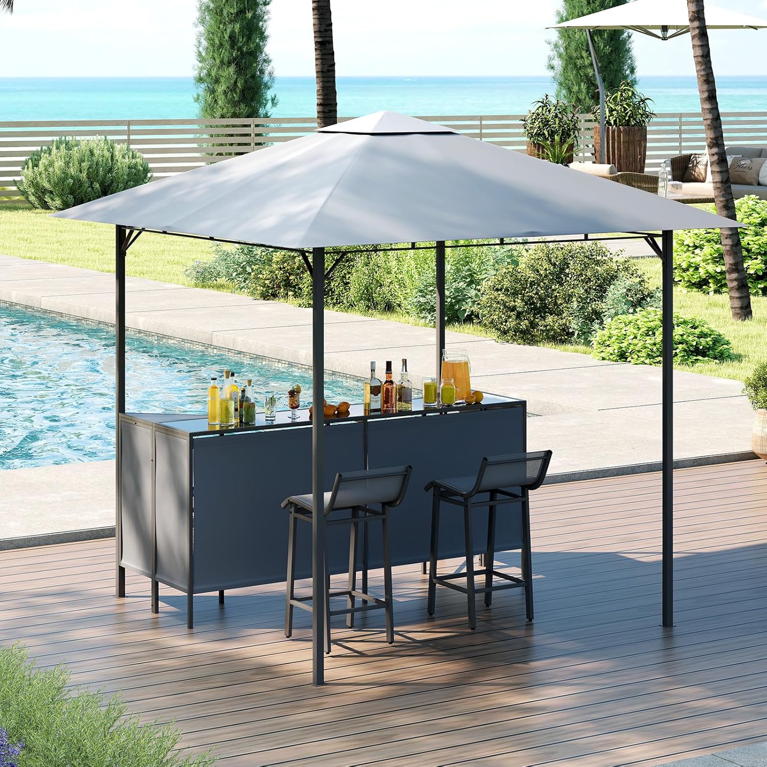 GOPLUS 3 Pcs Abri Barbecue Jardin Exterieur avec Bar Exterieur, Tonnelle Barbecue avec 2 Tabourets Bar, Rangement, Plateau en Verre Trempée,Porte-Verres, en Métal avec Double Toit, 245 x 245 x 243CM