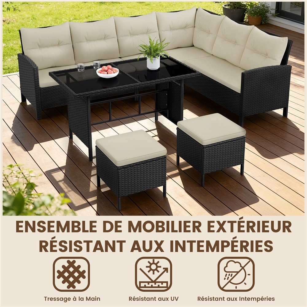 Yaheetech - Ensemble Salon 4 pièces polyrotin, canapé, table, ottomans, extérieur, noir/beige